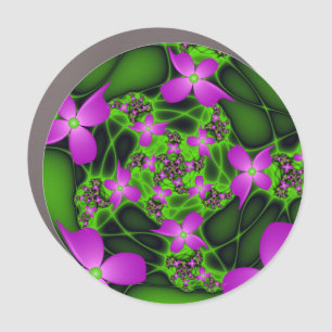 Modern Abstract Neon Pink Green Fractal Flowers Car Magnet