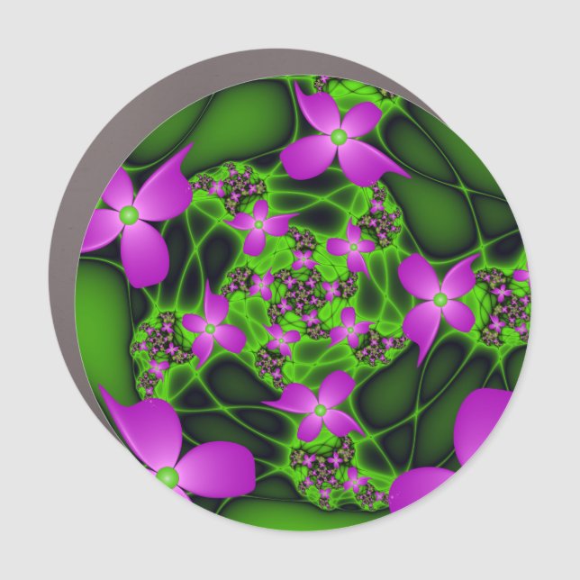 Modern Abstract Neon Pink Green Fractal Flowers Car Magnet (Front)