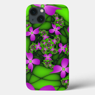 Modern Abstract Neon Pink Green Fractal Flowers iPhone 13 Case