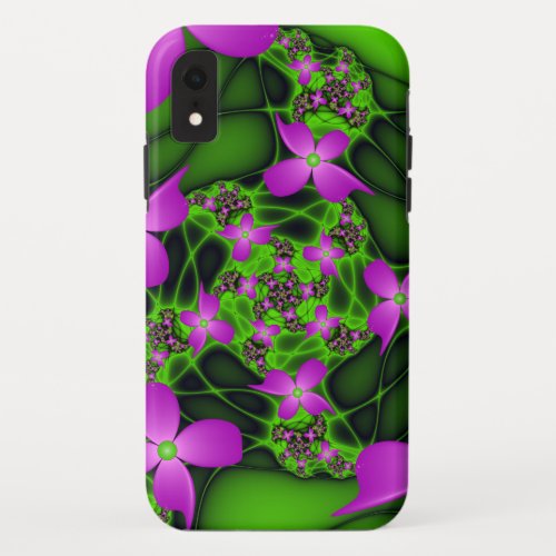 Modern Abstract Neon Pink Green Fractal Flowers iPhone XR Case