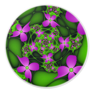 Modern Abstract Neon Pink Green Fractal Flowers Ceramic Knob