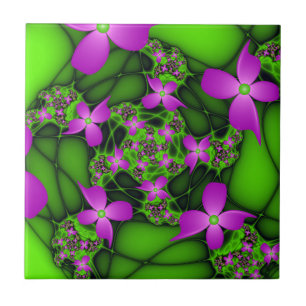 Modern Abstract Neon Pink Green Fractal Flowers Ceramic Tile