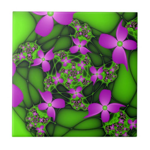 Modern Abstract Neon Pink Green Fractal Flowers Ceramic Tile
