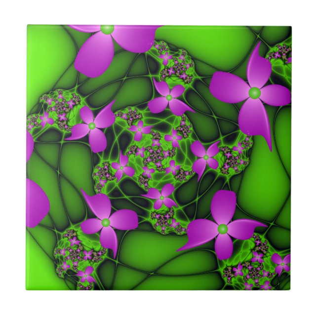 Modern Abstract Neon Pink Green Fractal Flowers Ceramic Tile (Front)