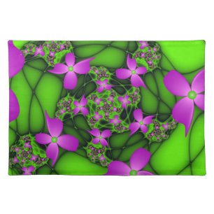 Modern Abstract Neon Pink Green Fractal Flowers Cloth Placemat