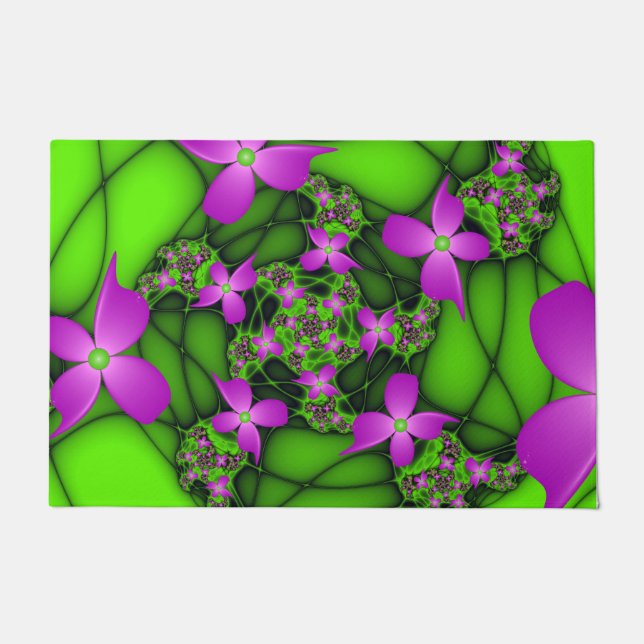 Modern Abstract Neon Pink Green Fractal Flowers Doormat (Front)