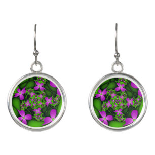 Modern Abstract Neon Pink Green Fractal Flowers Earrings