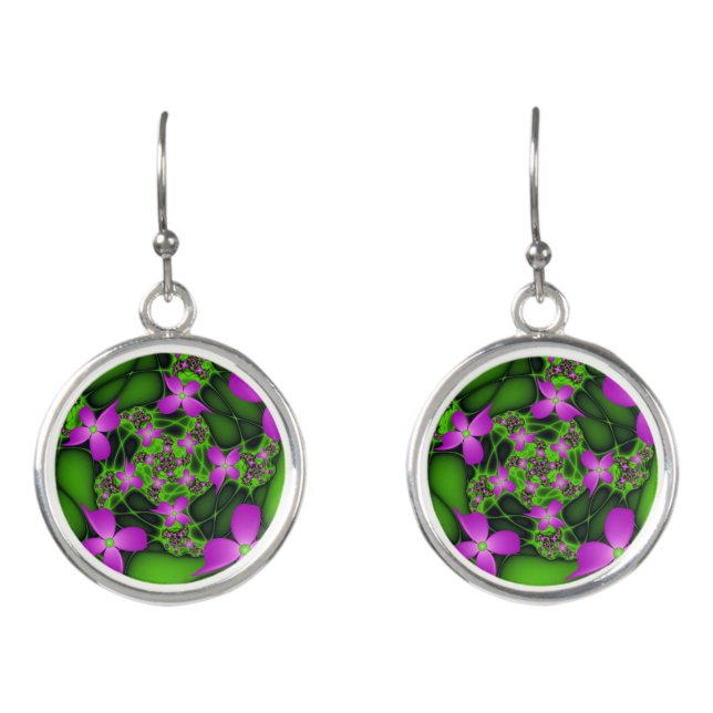 Modern Abstract Neon Pink Green Fractal Flowers Earrings (Front)