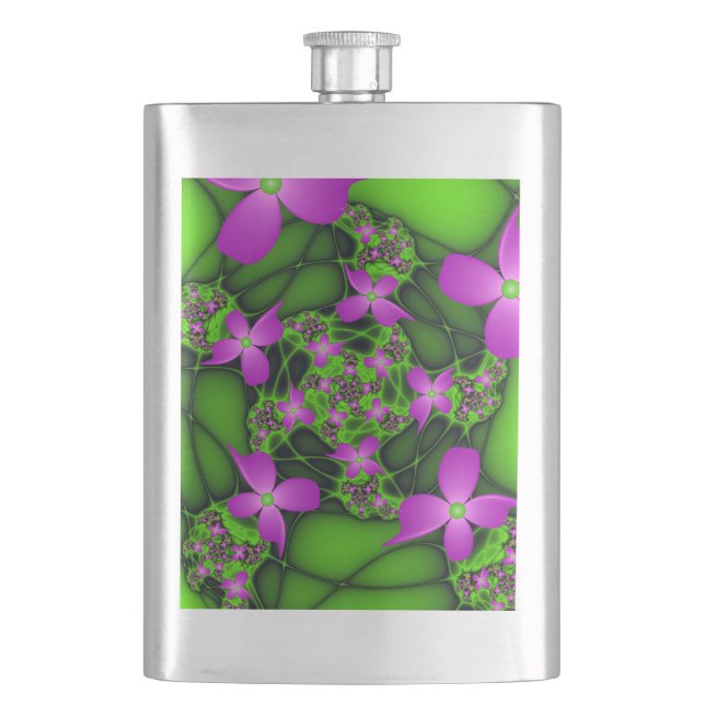 Modern Abstract Neon Pink Green Fractal Flowers Flask (Front)