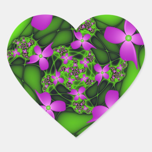 Modern Abstract Neon Pink Green Fractal Flowers Heart Sticker (Front)