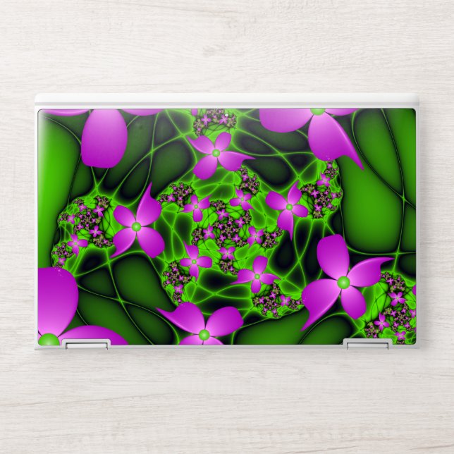 Modern Abstract Neon Pink Green Fractal Flowers HP Laptop Skin (Front)