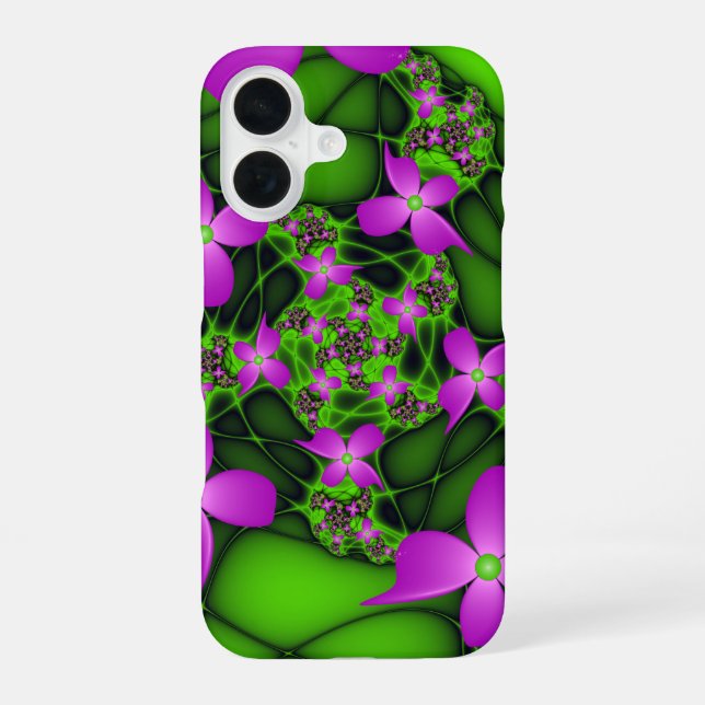 Modern Abstract Neon Pink Green Fractal Flowers iPhone Case (Back)
