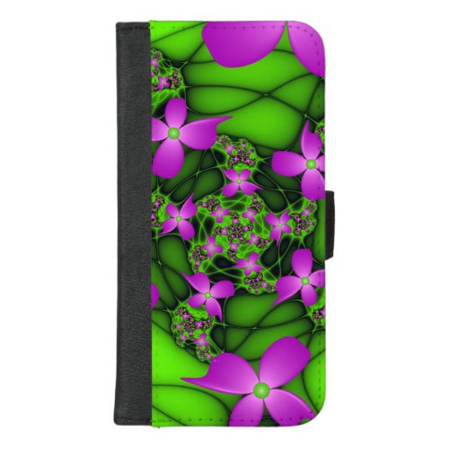 Modern Abstract Neon Pink Green Fractal Flowers iPhone 87 Plus Wallet Case