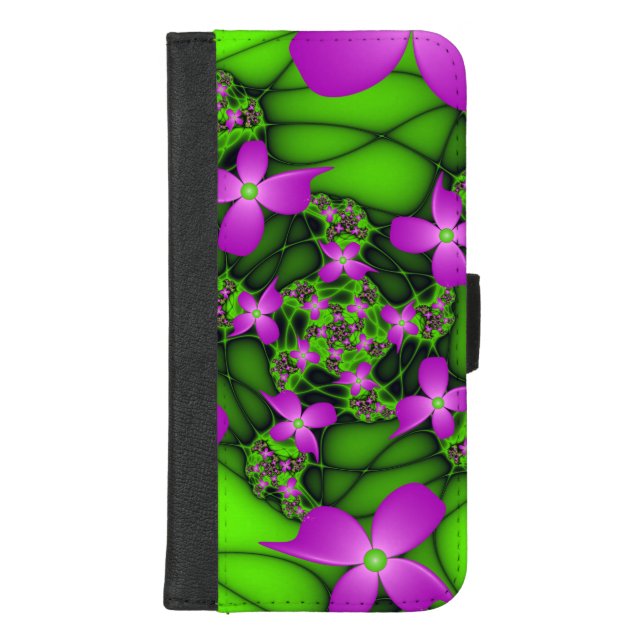 Modern Abstract Neon Pink Green Fractal Flowers iPhone Wallet Case (Front)