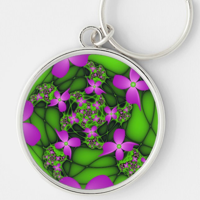 Modern Abstract Neon Pink Green Fractal Flowers Keychain (Front)