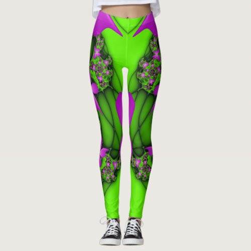 Modern Abstract Neon Pink Green Fractal Flowers Leggings