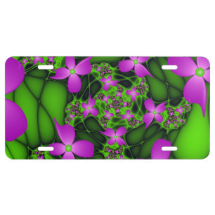 Modern Abstract Neon Pink Green Fractal Flowers License Plate