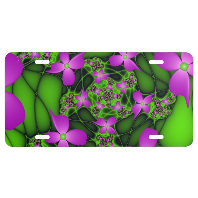 Modern Abstract Neon Pink Green Fractal Flowers License Plate (Front)