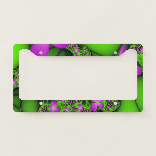 Modern Abstract Neon Pink Green Fractal Flowers License Plate Frame (Front)