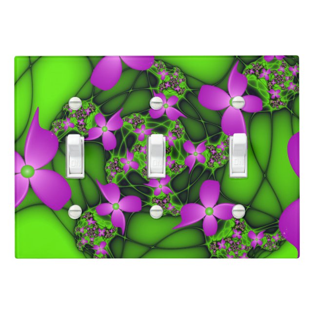 Modern Abstract Neon Pink Green Fractal Flowers Light Switch Cover (In Situ)