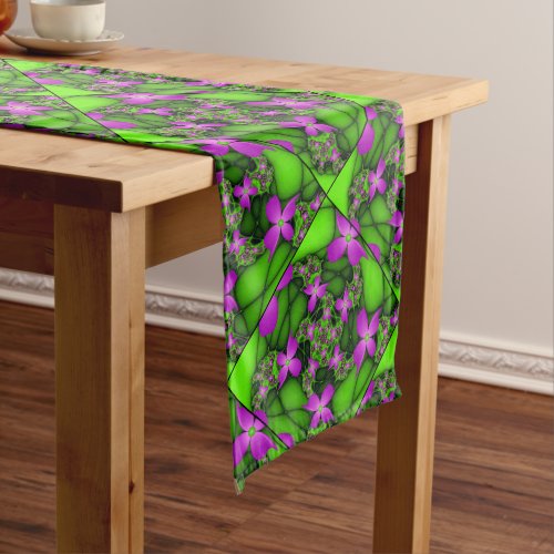 Modern Abstract Neon Pink Green Fractal Flowers Long Table Runner