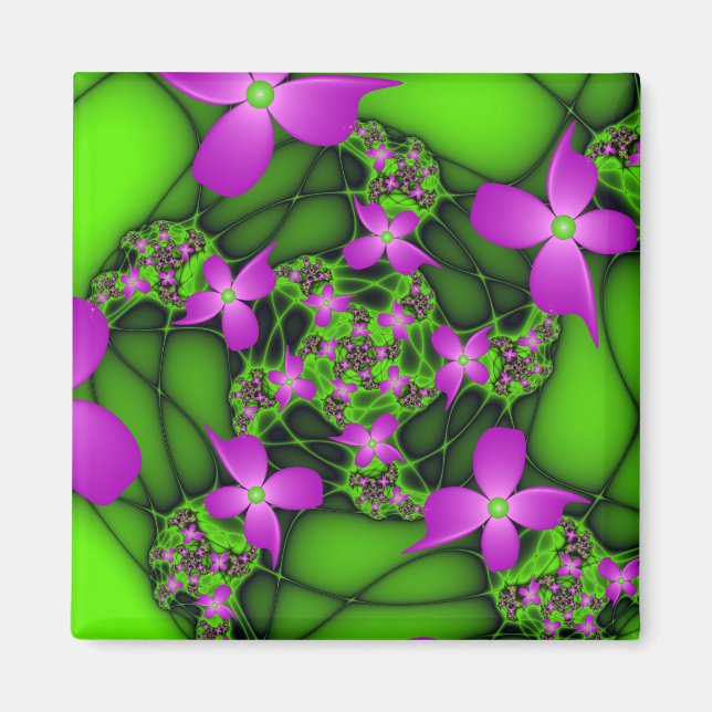 Modern Abstract Neon Pink Green Fractal Flowers Magnet (Front)
