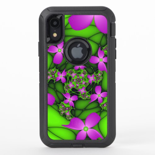Modern Abstract Neon Pink Green Fractal Flowers OtterBox Defender iPhone XR Case