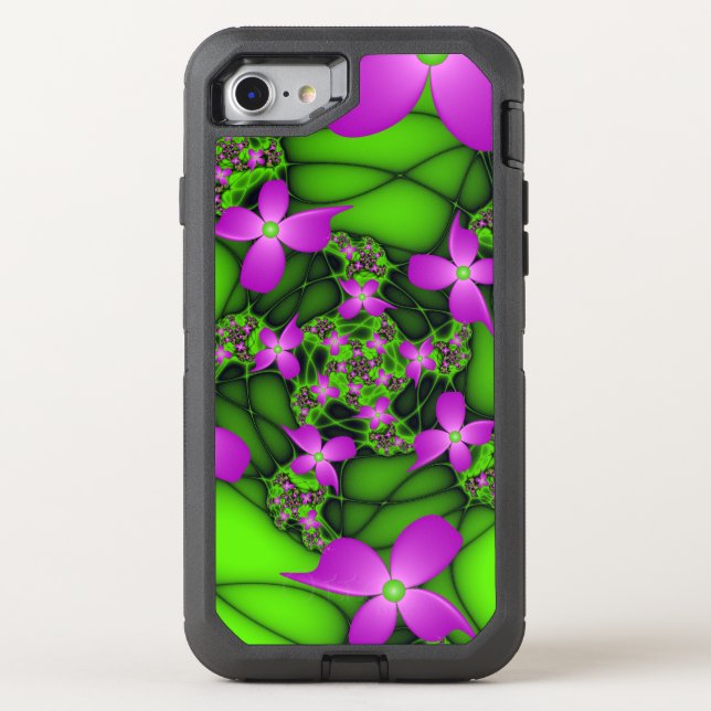 Modern Abstract Neon Pink Green Fractal Flowers Otterbox iPhone Case (Back)