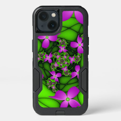 Modern Abstract Neon Pink Green Fractal Flowers iPhone 13 Case