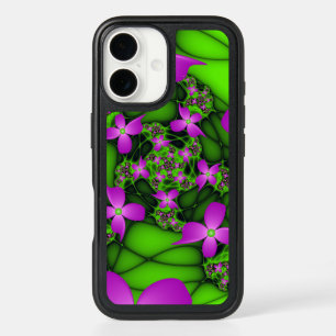 Modern Abstract Neon Pink Green Fractal Flowers iPhone 16 Case