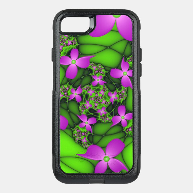 Modern Abstract Neon Pink Green Fractal Flowers Otterbox iPhone Case (Back)