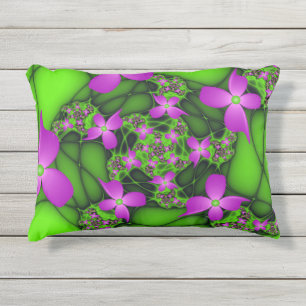 Modern Abstract Neon Pink Green Fractal Flowers Outdoor Pillow