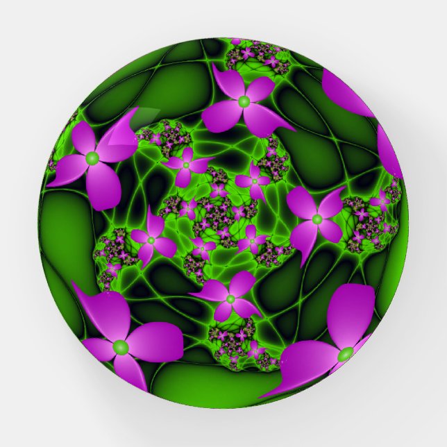 Modern Abstract Neon Pink Green Fractal Flowers Paperweight (Front)