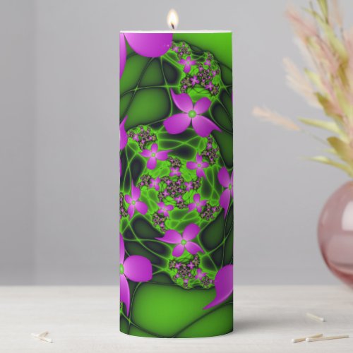 Modern Abstract Neon Pink Green Fractal Flowers Pillar Candle