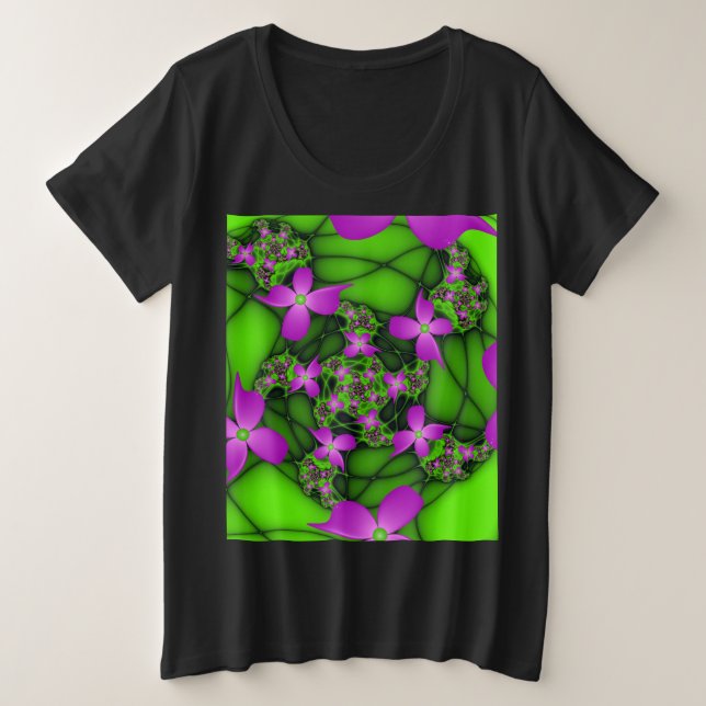 Modern Abstract Neon Pink Green Fractal Flowers Plus Size T-Shirt (Design Front)