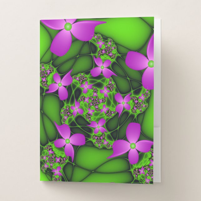 Modern Abstract Neon Pink Green Fractal Flowers Pocket Folder (Front)