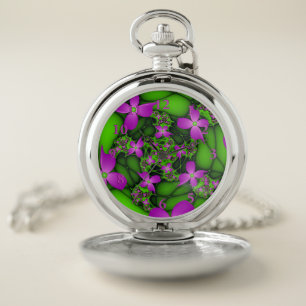 Modern Abstract Neon Pink Green Fractal Flowers Pocket Watch