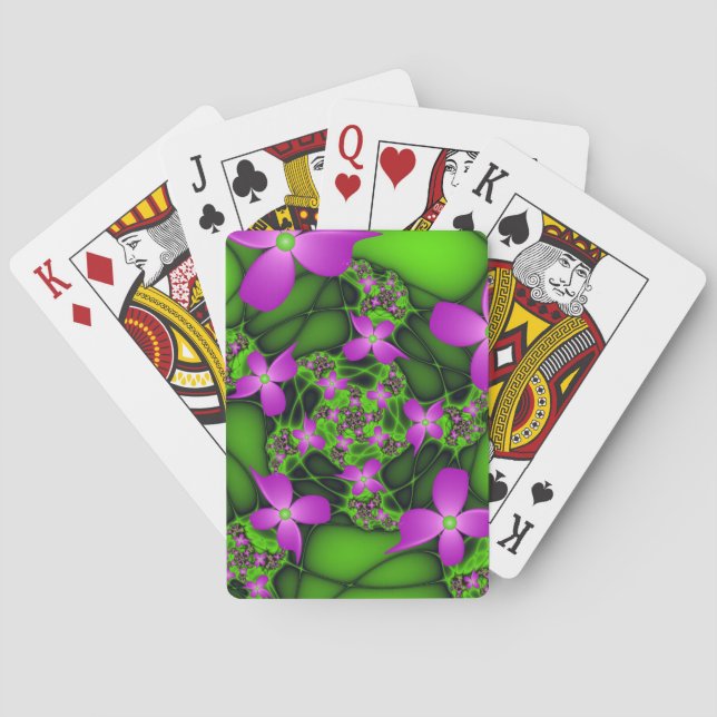 Modern Abstract Neon Pink Green Fractal Flowers Poker Cards (Back)