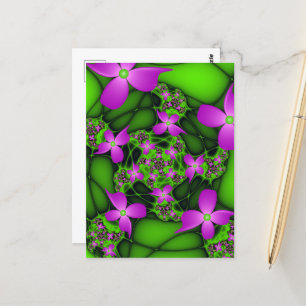 Modern Abstract Neon Pink Green Fractal Flowers Postcard