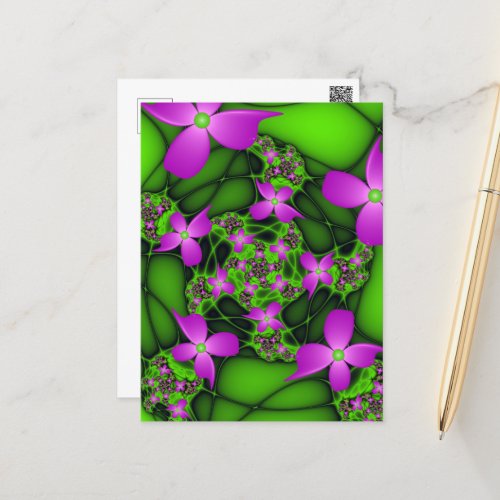 Modern Abstract Neon Pink Green Fractal Flowers Postcard