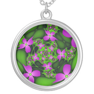 Modern Abstract Neon Pink Green Fractal Flowers Silver Plated Necklace