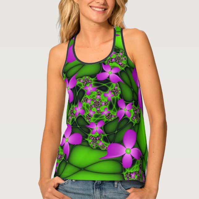 Modern Abstract Neon Pink Green Fractal Flowers Tank Top (Front)