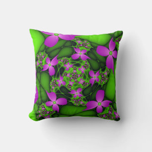 Modern Abstract Neon Pink Green Fractal Flowers Throw Pillow