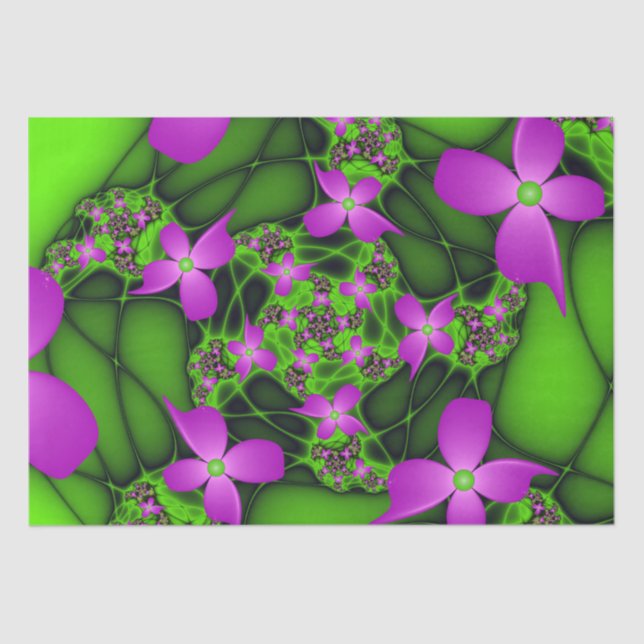 Modern Abstract Neon Pink Green Fractal Flowers Tissue Paper (Front)