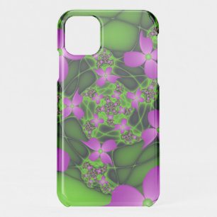 Modern Abstract Neon Pink Green Fractal Flowers iPhone 11 Case
