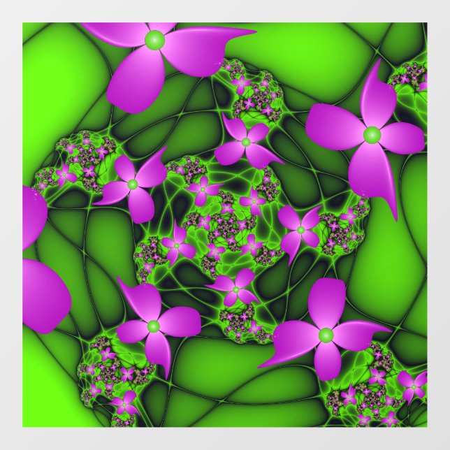 Modern Abstract Neon Pink Green Fractal Flowers Window Cling (Sheet)