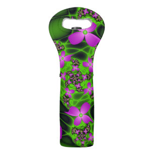 Modern Abstract Neon Pink Green Fractal Flowers Wine Bag