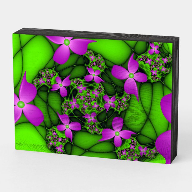 Modern Abstract Neon Pink Green Fractal Flowers Wooden Box Sign (Angled Horizontal)