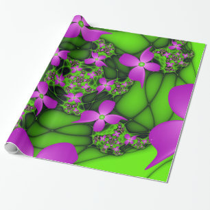 Modern Abstract Neon Pink Green Fractal Flowers Wrapping Paper
