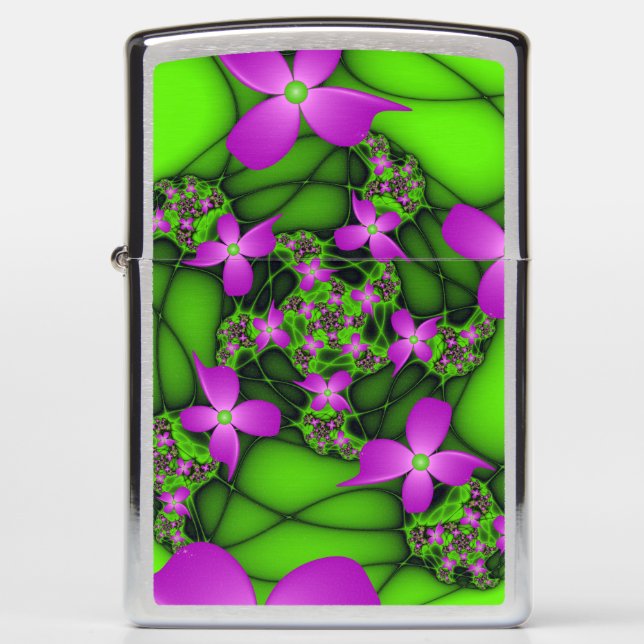 Modern Abstract Neon Pink Green Fractal Flowers Zippo Lighter (Front)